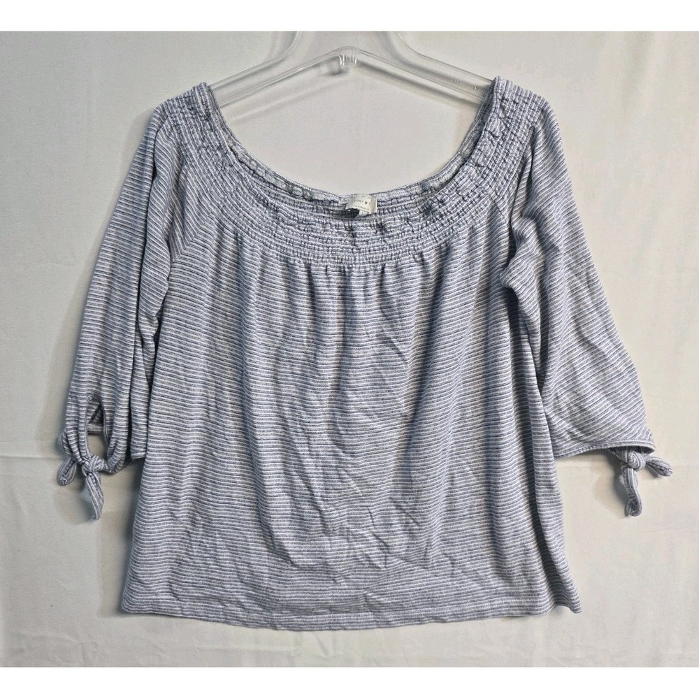 Lucky Brand Women's White & Blue Striped Top 3/4 Sleeve Tie L Smocked Off Should